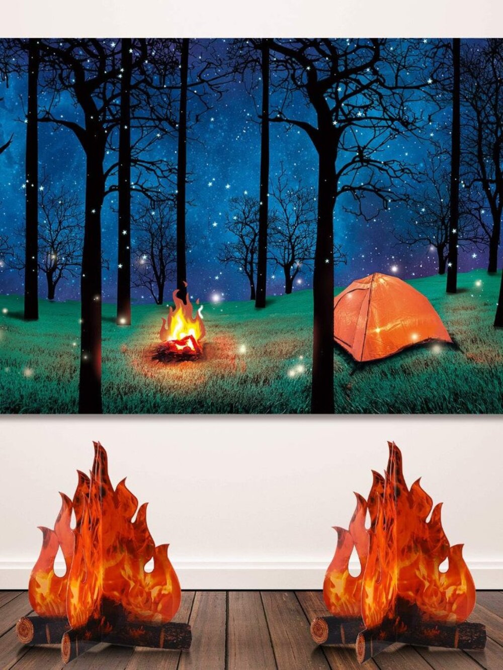Forest Camping Backdrop & 2 Sets 3D Cardboard Campfire Decor